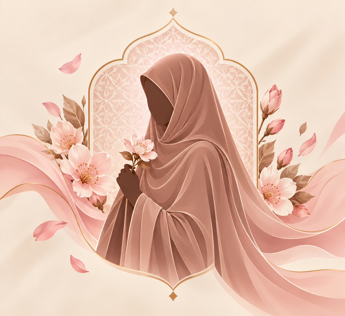 رسم لامرأة وسط الزهور والزخارف الوردية لهوية الصلاحي